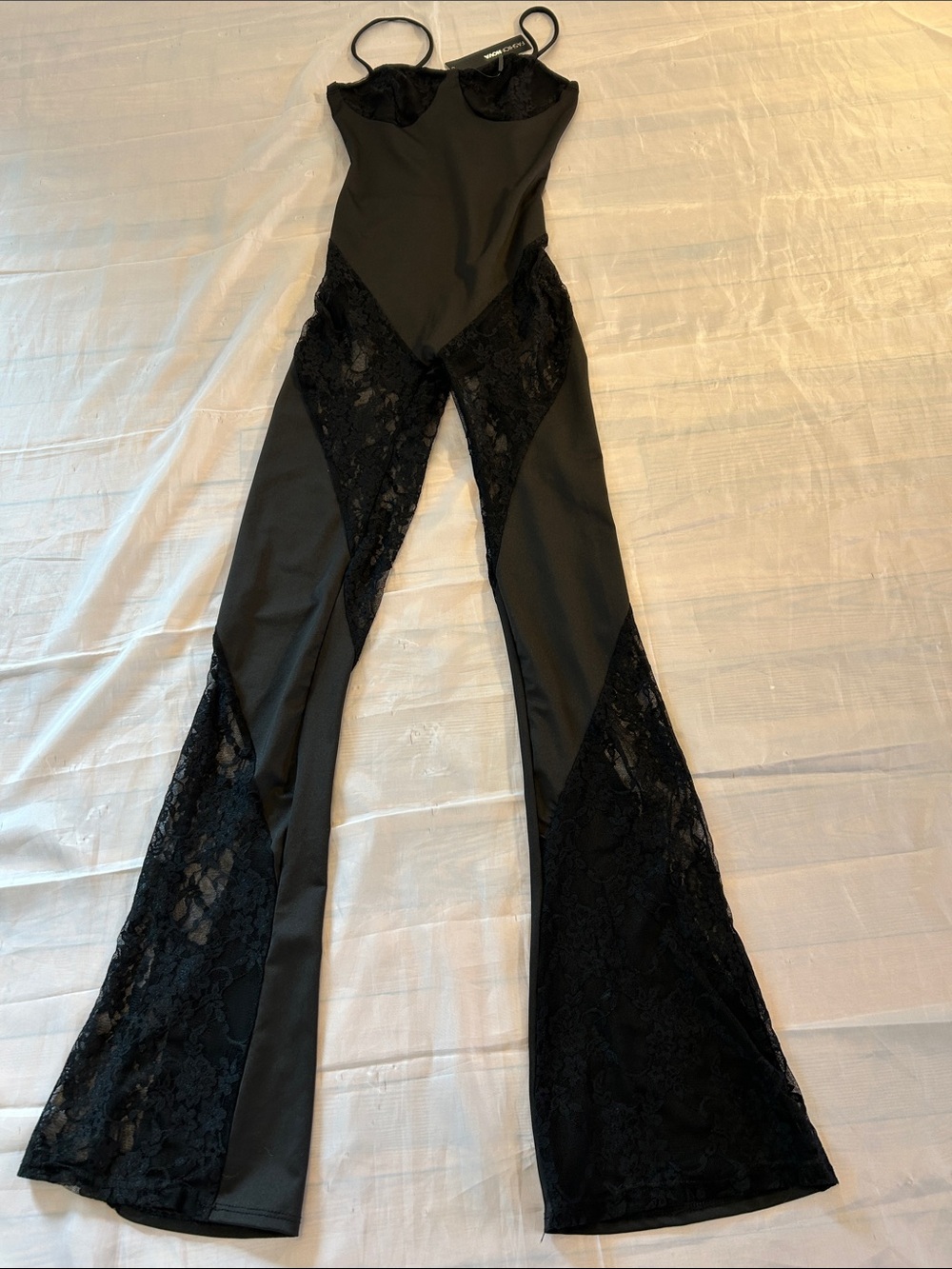 Fashion Nova Black Lace-Panel Slip Jumpsuit